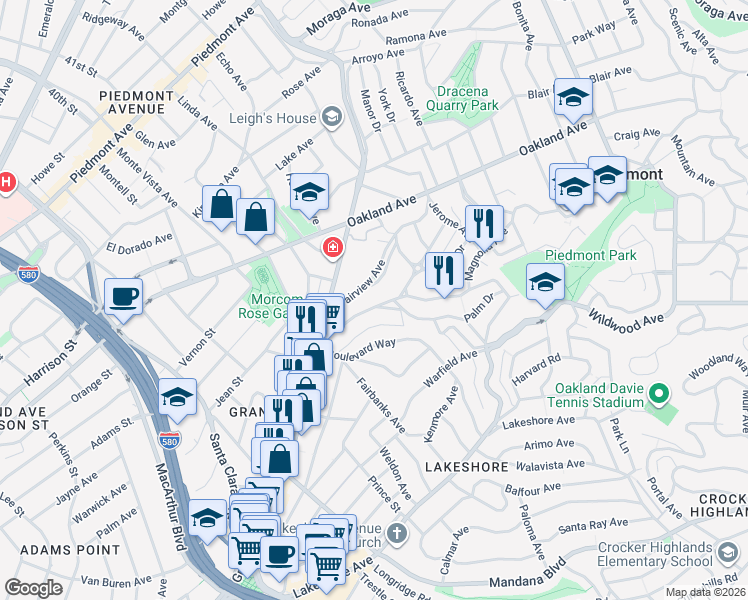 map of restaurants, bars, coffee shops, grocery stores, and more near 61 Wildwood Avenue in Piedmont