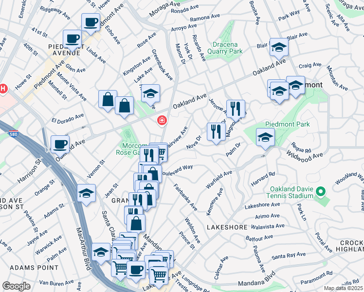 map of restaurants, bars, coffee shops, grocery stores, and more near 61 Wildwood Avenue in Piedmont