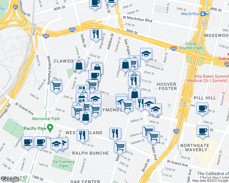 map of restaurants, bars, coffee shops, grocery stores, and more near 2816 Linden Street in Oakland