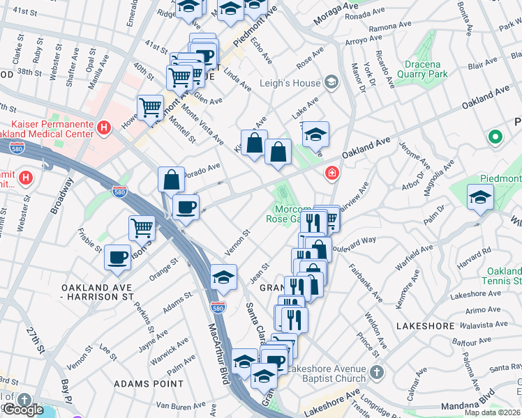 map of restaurants, bars, coffee shops, grocery stores, and more near 671 Vernon Street in Oakland