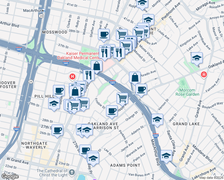 map of restaurants, bars, coffee shops, grocery stores, and more near 3317 Kempton Avenue in Oakland