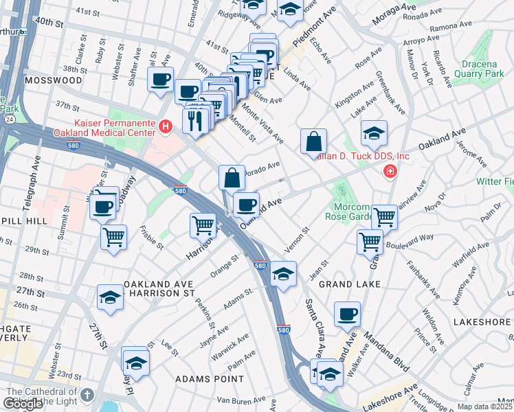 map of restaurants, bars, coffee shops, grocery stores, and more near 555 Oakland Avenue in Oakland
