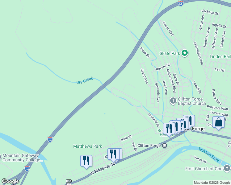 map of restaurants, bars, coffee shops, grocery stores, and more near 5319 Roxbury St in Clifton Forge