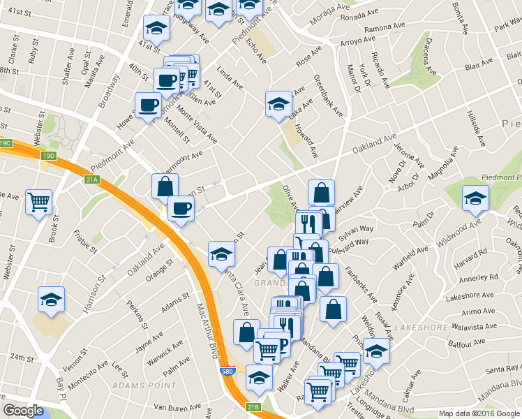 map of restaurants, bars, coffee shops, grocery stores, and more near 658 Vernon Street in Oakland