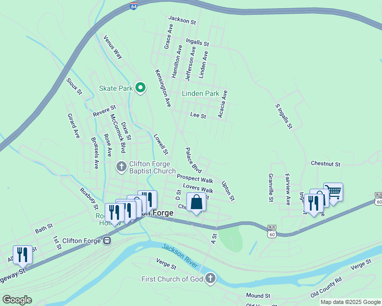 map of restaurants, bars, coffee shops, grocery stores, and more near 712 Palace Boulevard in Clifton Forge