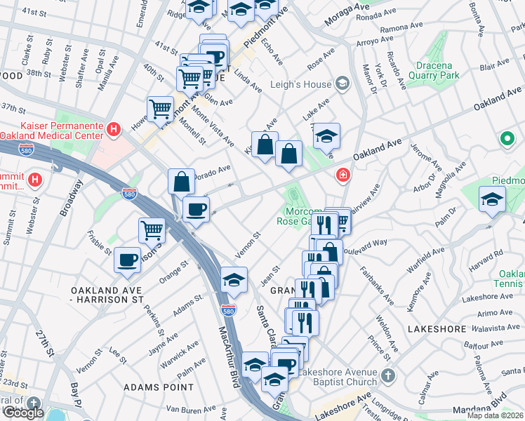 map of restaurants, bars, coffee shops, grocery stores, and more near 658 Vernon Street in Oakland