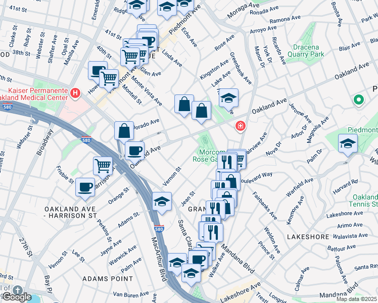 map of restaurants, bars, coffee shops, grocery stores, and more near 658 Vernon Street in Oakland