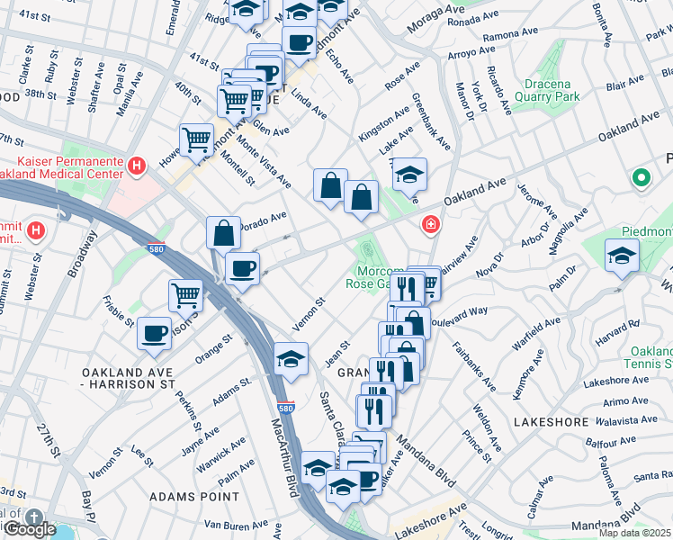 map of restaurants, bars, coffee shops, grocery stores, and more near 671 Vernon Street in Oakland
