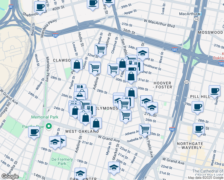map of restaurants, bars, coffee shops, grocery stores, and more near 2820 Linden Street in Oakland