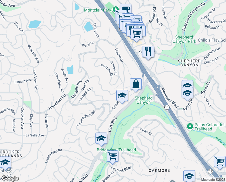 map of restaurants, bars, coffee shops, grocery stores, and more near 180 Somerset Road in Piedmont