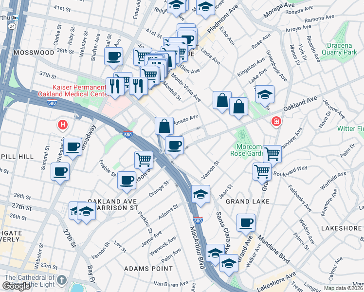 map of restaurants, bars, coffee shops, grocery stores, and more near in Oakland