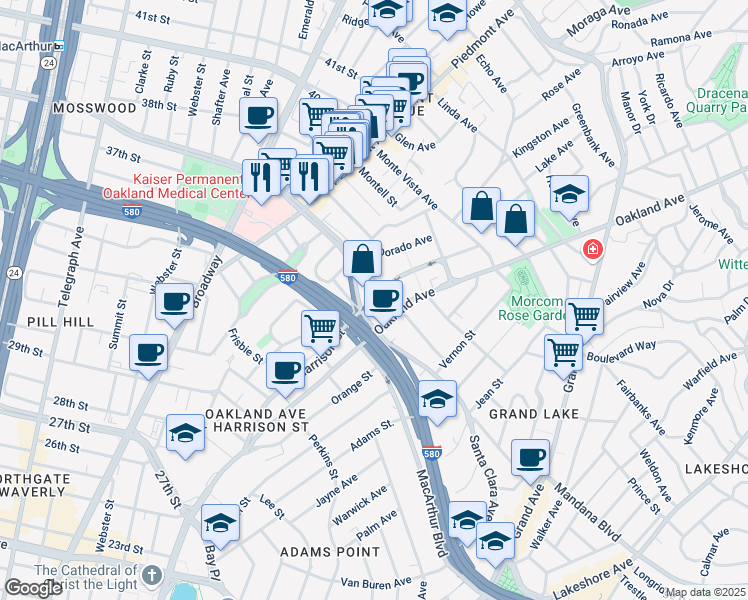 map of restaurants, bars, coffee shops, grocery stores, and more near in Oakland