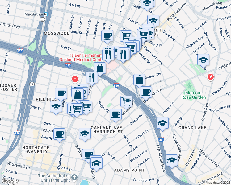 map of restaurants, bars, coffee shops, grocery stores, and more near 3278 Kempton Avenue in Oakland
