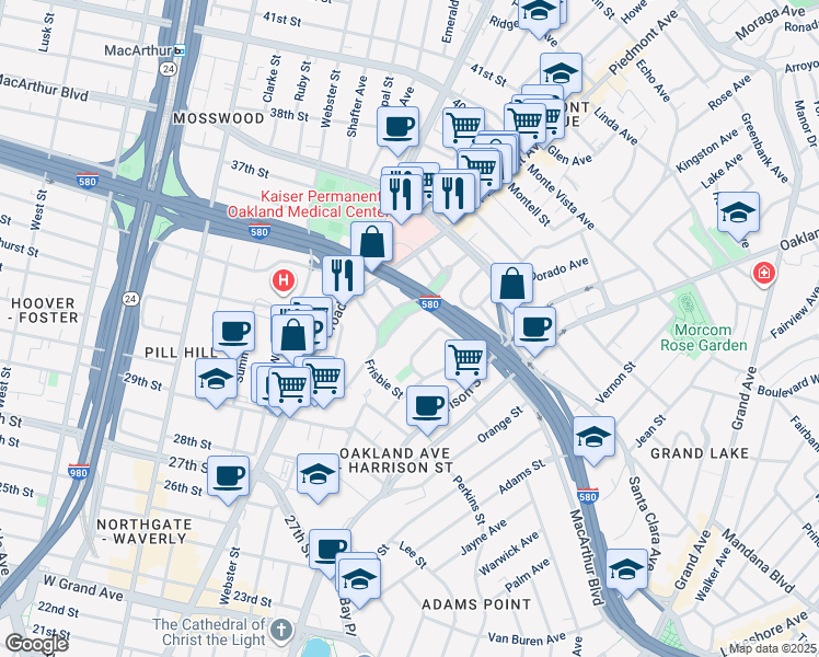 map of restaurants, bars, coffee shops, grocery stores, and more near 3278 Kempton Avenue in Oakland