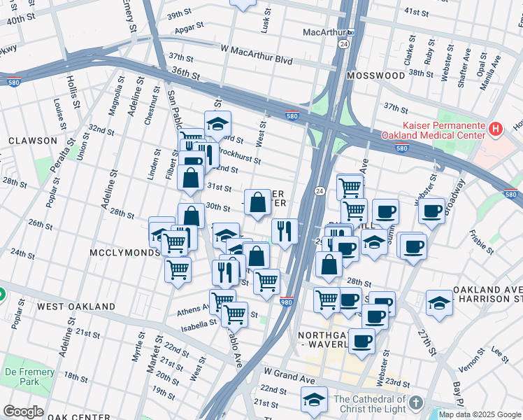 map of restaurants, bars, coffee shops, grocery stores, and more near 699 30th Street in Oakland
