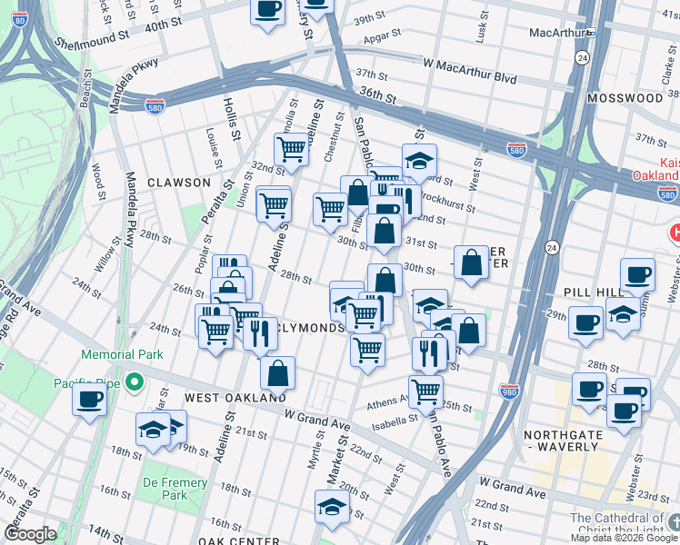 map of restaurants, bars, coffee shops, grocery stores, and more near 2807 Filbert Street in Oakland