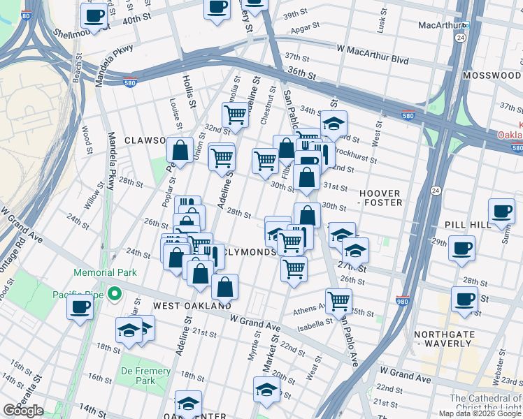 map of restaurants, bars, coffee shops, grocery stores, and more near 2607 Myrtle Street in Oakland