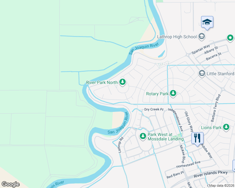 map of restaurants, bars, coffee shops, grocery stores, and more near 15651 Lathrop Road in Lathrop