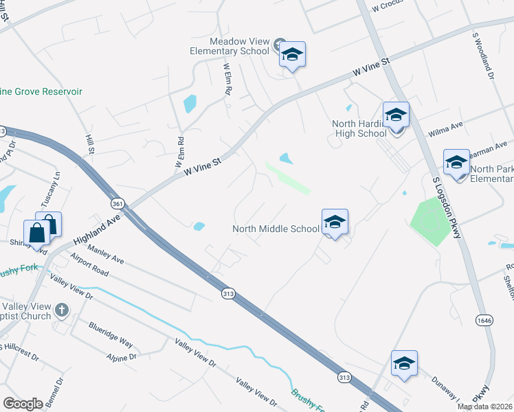 map of restaurants, bars, coffee shops, grocery stores, and more near 105 Lavender Court in Radcliff