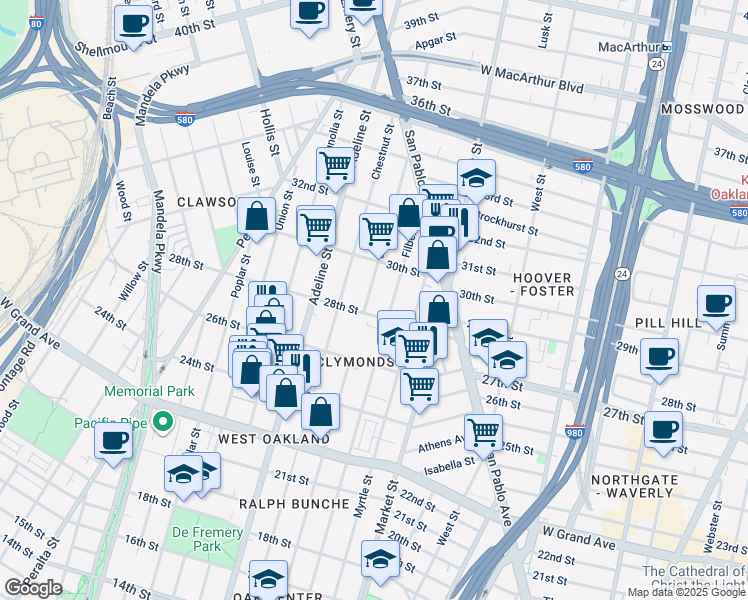 map of restaurants, bars, coffee shops, grocery stores, and more near 2607 Myrtle Street in Oakland