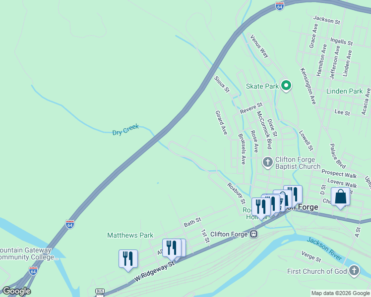 map of restaurants, bars, coffee shops, grocery stores, and more near 5319 Roxbury Street in Clifton Forge