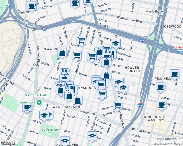 map of restaurants, bars, coffee shops, grocery stores, and more near 2820 Linden Street in Oakland