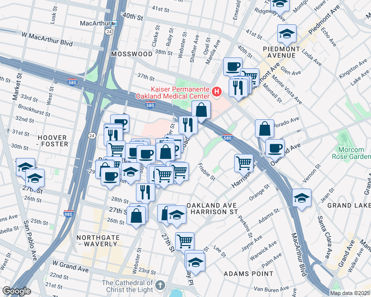 map of restaurants, bars, coffee shops, grocery stores, and more near 3032 Brook Street in Oakland