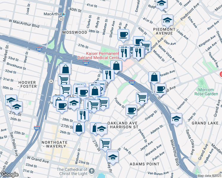 map of restaurants, bars, coffee shops, grocery stores, and more near 3032 Brook Street in Oakland