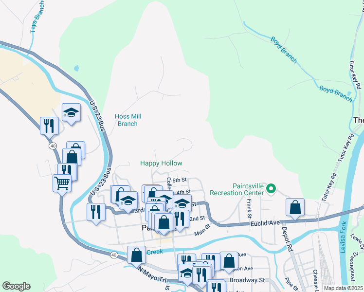 map of restaurants, bars, coffee shops, grocery stores, and more near Court St in Paintsville