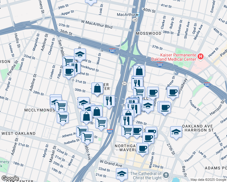 map of restaurants, bars, coffee shops, grocery stores, and more near 3034 Martin Luther King Junior Way in Oakland
