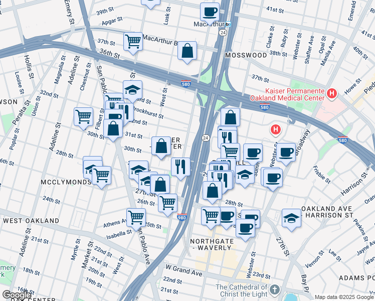 map of restaurants, bars, coffee shops, grocery stores, and more near 3034 Martin Luther King Junior Way in Oakland