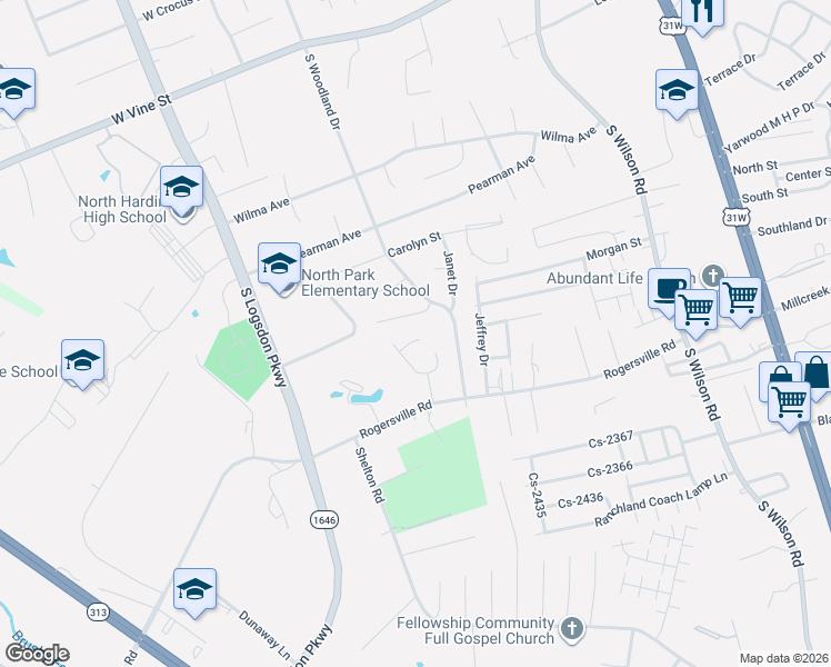 map of restaurants, bars, coffee shops, grocery stores, and more near 1066 South Woodland Drive in Radcliff