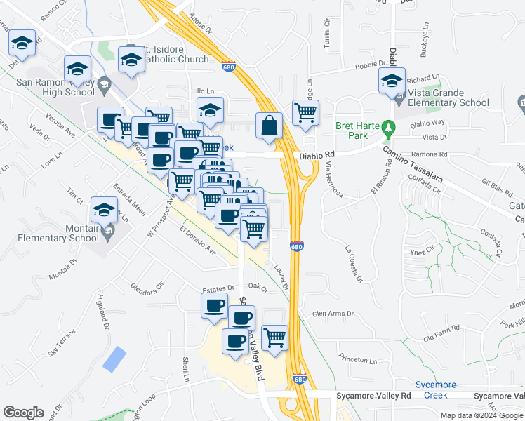 map of restaurants, bars, coffee shops, grocery stores, and more near 1045 River Rock Lane in Danville
