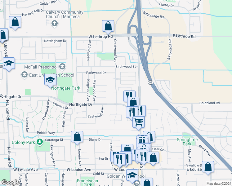 map of restaurants, bars, coffee shops, grocery stores, and more near 1645 Crestwood Avenue in Manteca