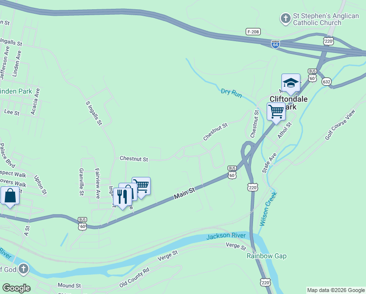 map of restaurants, bars, coffee shops, grocery stores, and more near in Clifton Forge
