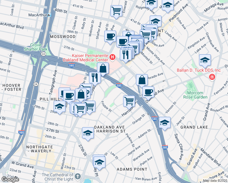 map of restaurants, bars, coffee shops, grocery stores, and more near 3400 Richmond Boulevard in Oakland