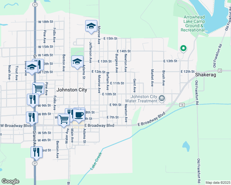 map of restaurants, bars, coffee shops, grocery stores, and more near 1000 Burgess Avenue in Johnston City