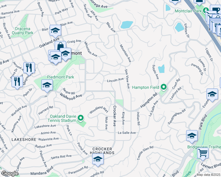 map of restaurants, bars, coffee shops, grocery stores, and more near 25 Crocker Avenue in Piedmont