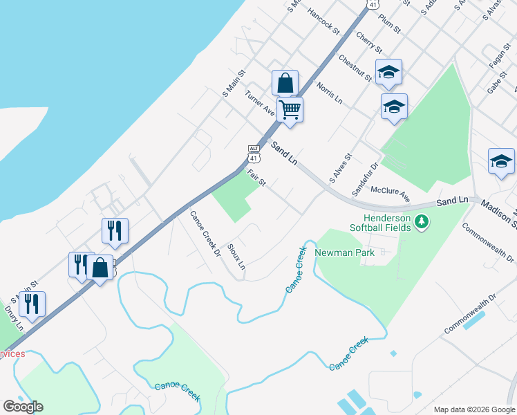 map of restaurants, bars, coffee shops, grocery stores, and more near 516 Fair Street in Henderson
