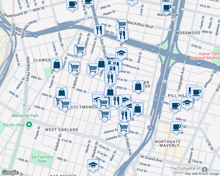 map of restaurants, bars, coffee shops, grocery stores, and more near 2941 Market Street in Oakland