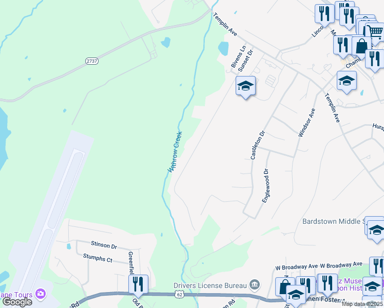 map of restaurants, bars, coffee shops, grocery stores, and more near 118-398 Sunset Drive in Bardstown