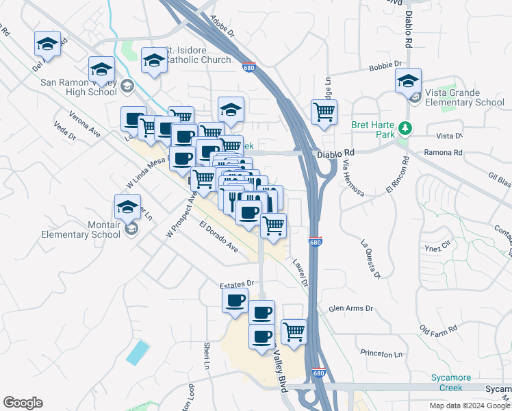 map of restaurants, bars, coffee shops, grocery stores, and more near 600 Hartz Avenue in Danville