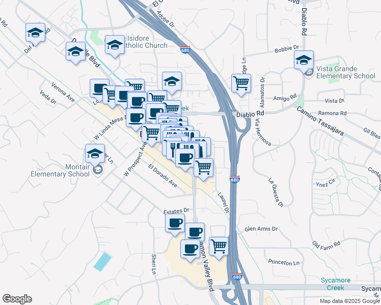 map of restaurants, bars, coffee shops, grocery stores, and more near 600 Hartz Avenue in Danville