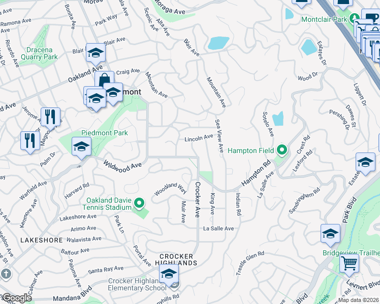 map of restaurants, bars, coffee shops, grocery stores, and more near 25 Crocker Avenue in Piedmont