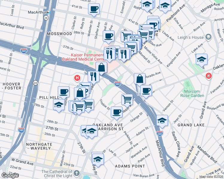 map of restaurants, bars, coffee shops, grocery stores, and more near 3424 Richmond Boulevard in Oakland