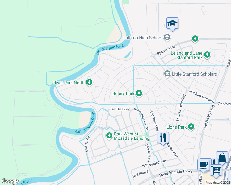 map of restaurants, bars, coffee shops, grocery stores, and more near 15401 Lathrop Road in Lathrop