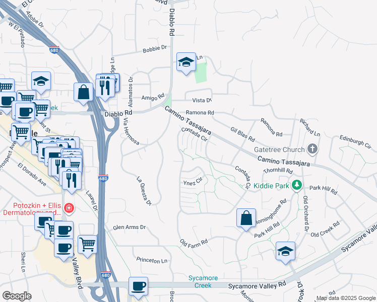 map of restaurants, bars, coffee shops, grocery stores, and more near 851 Luz Court in Danville