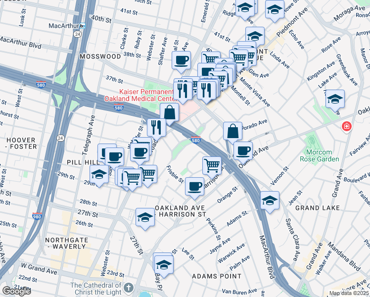 map of restaurants, bars, coffee shops, grocery stores, and more near 3400 Richmond Boulevard in Oakland
