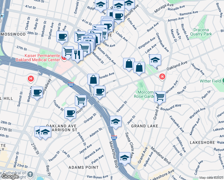 map of restaurants, bars, coffee shops, grocery stores, and more near 3806 Harrison Street in Oakland