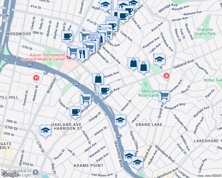 map of restaurants, bars, coffee shops, grocery stores, and more near 3806 Harrison Street in Oakland